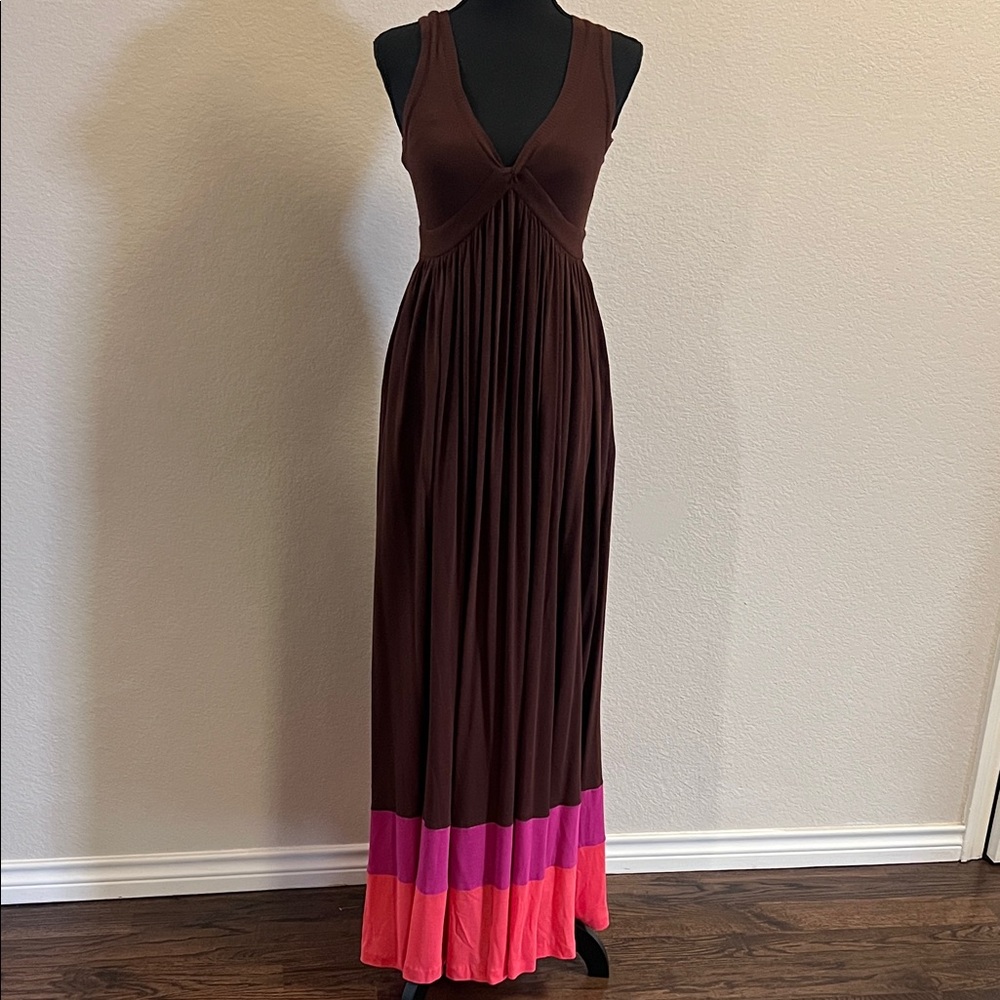 Diane Von Furstenberg Chocolate Maxi Dress with Pink and Purple Trim